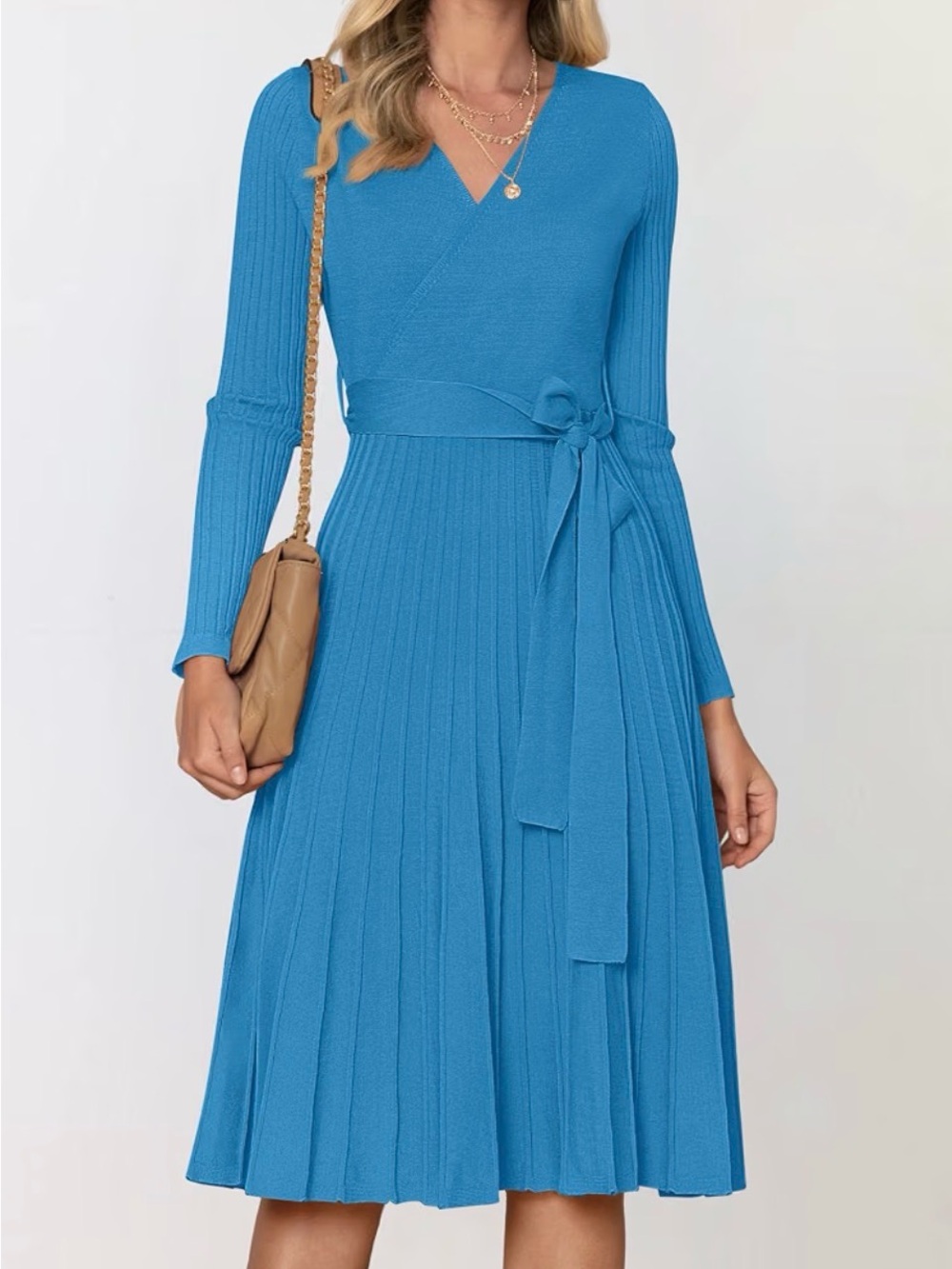 NWOT Blue Knit Wrap Midi Dress with Tie Waist